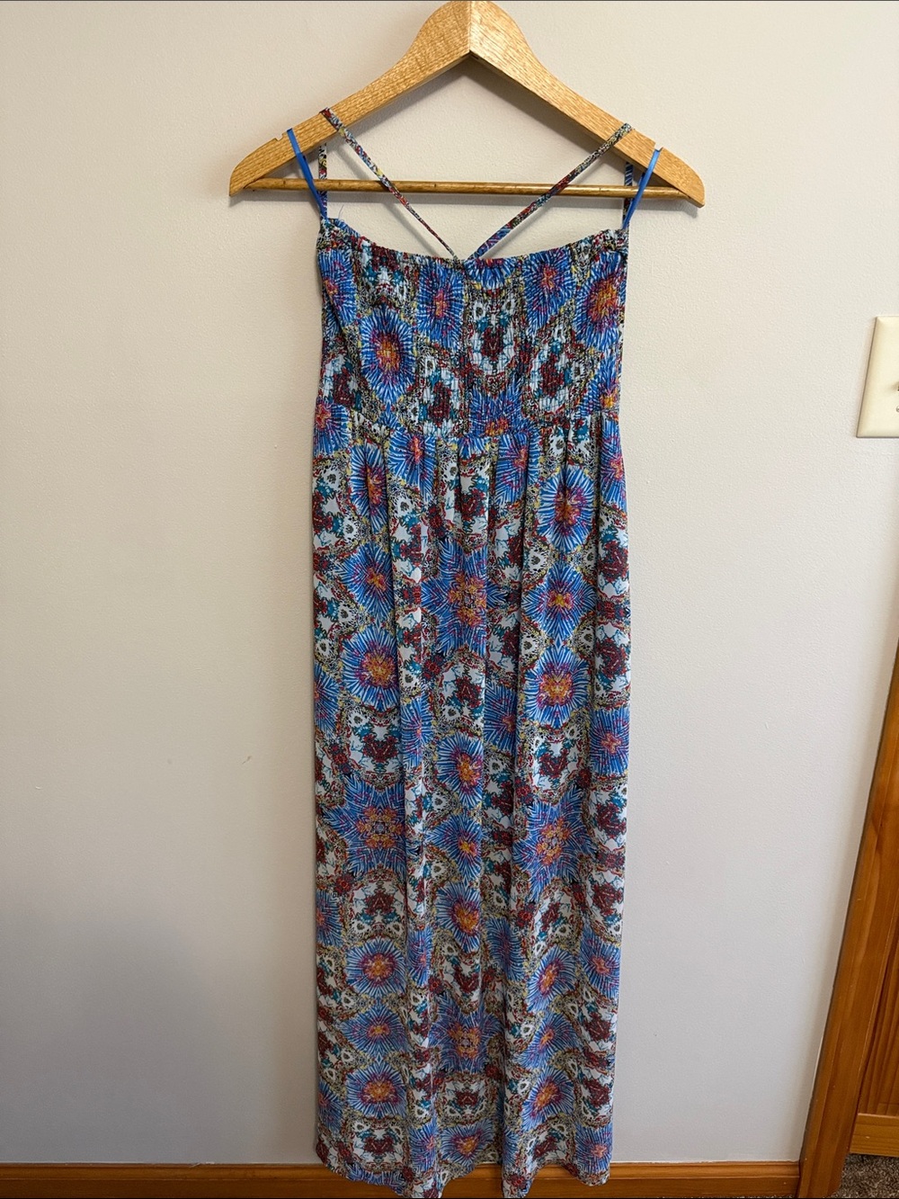 Sans Souci Blue Floral Smocked Maxi with halter straps